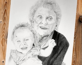 Custom Hand-Drawn Graphite Portrait – Personalized Art, Family Memorial