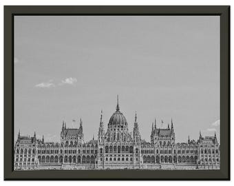 Svartvitt parlamentstryck i Budapest – Inramad väggkonst