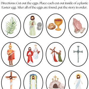 May include: A set of Resurrection Eggs with illustrations depicting the Easter story. Each image is inside a black circle. The text at the top reads "Resurrection Eggs". The instructions are also included.