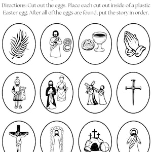 May include: A black and white illustrated set of Resurrection Eggs, depicting scenes from the Easter story. Includes images of a palm branch, Jesus, a chalice, praying hands, and the crucifixion. Text reads "Resurrection Eggs".