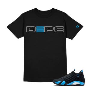 May include: Black t-shirt with the word "DEPE" in white and blue block letters. A blue logo is on the right sleeve. A black and blue sneaker is in the lower right corner.