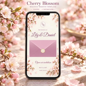 Puede incluir: Un teléfono inteligente que muestra una plantilla de sitio web de bodas Cherry Blossom. La pantalla presenta un icono de sobre rosa, el texto Lily & Daniel, Open our invitation, May 22, 2027, Paris, France y un logo con las iniciales LD.