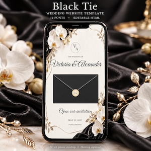 May include: A smartphone displaying a Black Tie wedding website template with the text Victoria & Alexander, May 22, 2027, Paris, France, and Open our invitation. The screen features white orchid graphics, gold accents, and a black envelope icon.