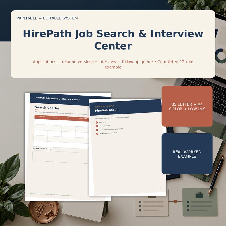 HirePath Job Search & Interview Center cover with two finished planner pages and the editable system benefits.