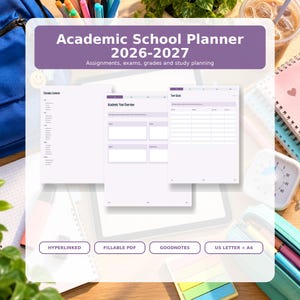 May include: An Academic School Planner 2026-2027 digital document featuring pages for assignments, exams, grades, and study planning. The layout includes a clickable contents page, an academic year overview, and term goals in a purple color scheme.