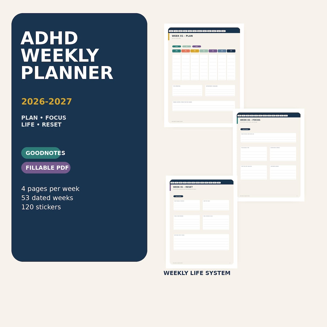 ADHD Weekly Planner 2026-2027, Goodnotes Fillable Life Planner - Etsy UK