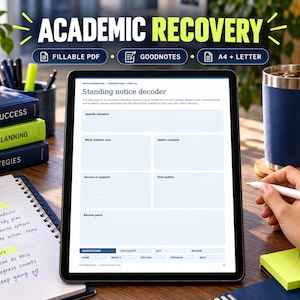 May include: A digital tablet displaying an Academic Recovery standing notice decoder template with fillable fields. The screen shows sections for specific situations, outcomes, and actions. The tablet is surrounded by study materials including notebooks, textbooks, a pen, and a tumbler.