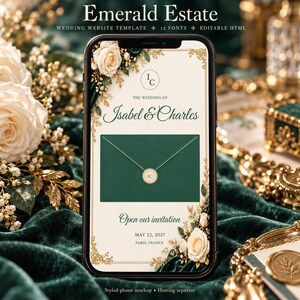 May include: A smartphone displaying an Emerald Estate wedding website template with the text The Wedding of Isabel & Charles, May 22, 2027, Paris, France, and Open our invitation. The screen features a dark green envelope graphic with an IC seal.