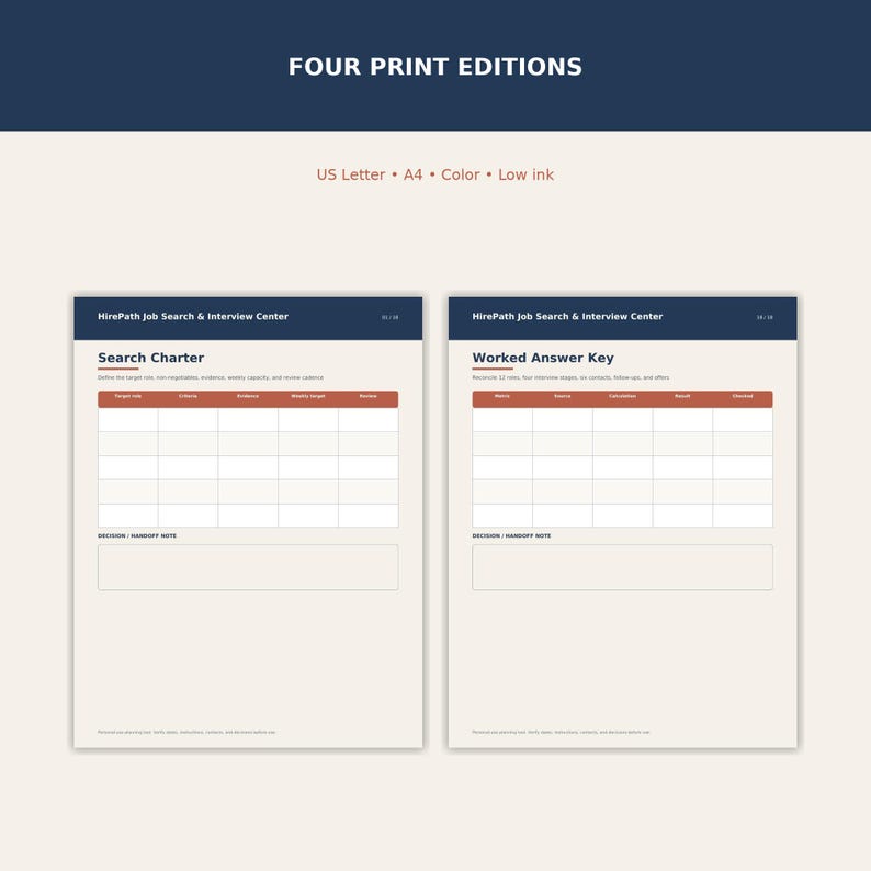 US Letter and A4 page editions in both color and low-ink layouts.