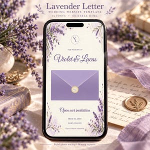 May include: A smartphone displaying a wedding website template titled Lavender Letter. The screen features a purple envelope icon with a wax seal, the names Violet & Lucas, the date May 22, 2027, and the location Paris, France, framed by lavender illustrations.