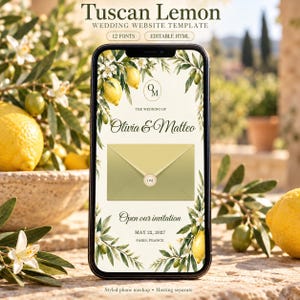 May include: A smartphone displaying a Tuscan Lemon wedding website template featuring a yellow envelope graphic, the names Olivia & Matteo, the date May 22, 2027, and the location Paris, France, surrounded by watercolor lemon and olive branch illustrations.