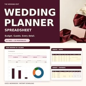 May include: A digital wedding planner spreadsheet with a dark maroon header featuring the text THE WEDDING EDIT WEDDING PLANNER SPREADSHEET. It includes 24 tabs, 20 printables, and displays data tables for budget, payments, guests, and RSVPs.