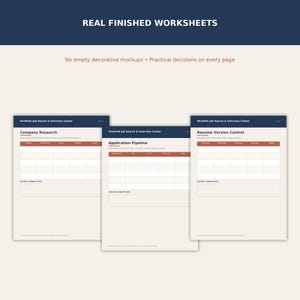 Three finished worksheet pages from the hirepath job search & interview center printable kit.