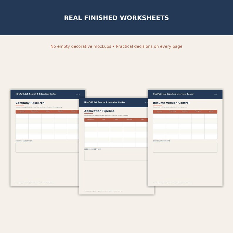 Three finished worksheet pages from the hirepath job search & interview center printable kit.