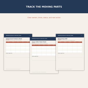 Detailed tracking pages with owners, timing, status, and next-action columns.