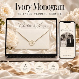 Ivory Wedding Website Template, Monogram HTML Invitation, Editable Black Calligraphy, RSVP Link, 12 Font Styles, No Canva Needed