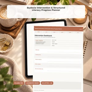 May include: A digital Dyslexia Intervention & Structured Literacy Progress Planner displayed on a tablet screen. The document features an Intervention Dashboard with sections for focus, purpose, date, priority, owner, status, skill focus, teaching move, student response, data, and instructional steps.