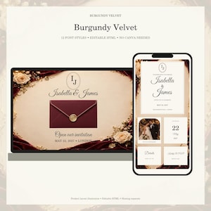 Burgundy Wedding Website Template, Editable HTML Invitation, Elegant Evening Wedding, RSVP Link, 12 Fonts, No Canva Needed