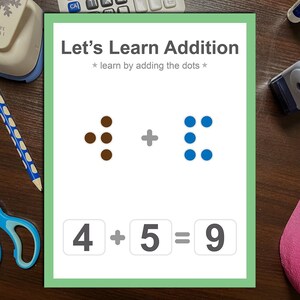 May include: A green and white card with the text "Let's Learn Addition" and a brown and blue dot pattern. The card shows the addition problem 4 + 5 = 9.