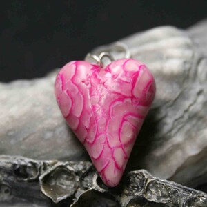 Polymer Clay heart pendant with recycled foil core- pink ruffled finish