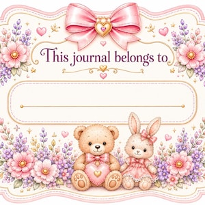 May include: A rectangular label with a pink bow at the top and the text This journal belongs to. The center features a blank line for writing. Below, a light brown teddy bear holding a pink heart sits next to a rabbit, surrounded by pink and purple flowers.