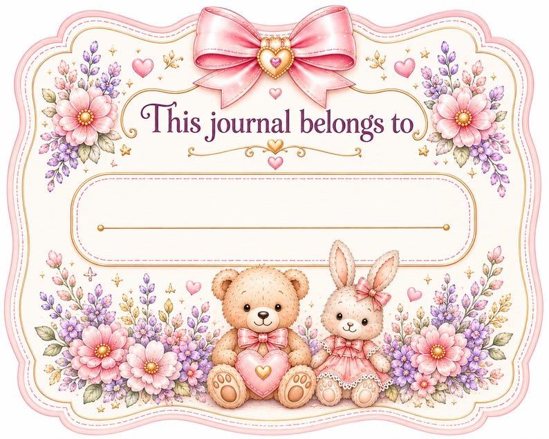 May include: A rectangular label with a pink bow at the top and the text This journal belongs to. The center features a blank line for writing. Below, a light brown teddy bear holding a pink heart sits next to a rabbit, surrounded by pink and purple flowers.