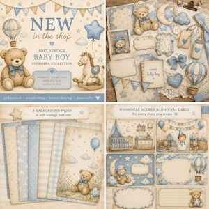 Nyckfullt skräpjournalkit för babypojkar | Vintage blå efemera, scrapbookpapper för barnrum (digital nedladdning)