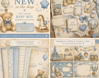 Whimsical Baby Boy Junk Journal collection | Vintage Blue Ephemera, Nursery Scrapbook Papers (Digital Download)