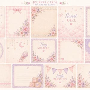 May include: A collection of rectangular journal cards featuring soft pink and purple pastel tones, floral arrangements, bows, stars, moons, and baby-themed illustrations. Text includes "JOURNAL CARDS", "Sweet GIRL", "Tiny MIRACLE", "little BLESSING", and "So very LOVED".