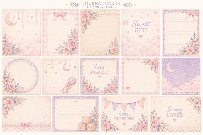 May include: A collection of rectangular journal cards featuring soft pink and purple pastel tones, floral arrangements, bows, stars, moons, and baby-themed illustrations. Text includes "JOURNAL CARDS", "Sweet GIRL", "Tiny MIRACLE", "little BLESSING", and "So very LOVED".