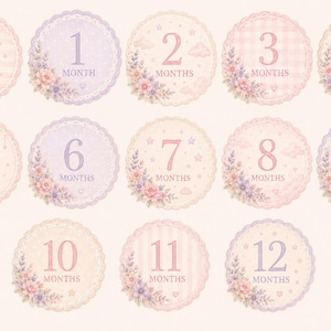May include: A set of thirteen circular milestone markers featuring numbers zero through twelve and the word MONTH or MONTHS. Each scalloped-edge disc displays pastel colors, floral arrangements, and subtle patterns like stripes, stars, and clouds.
