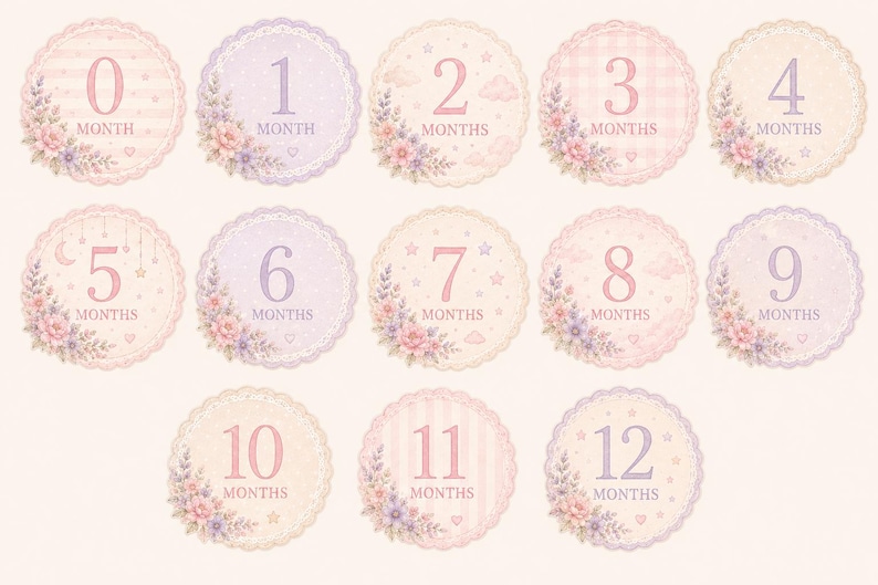May include: A set of thirteen circular milestone markers featuring numbers zero through twelve and the word MONTH or MONTHS. Each scalloped-edge disc displays pastel colors, floral arrangements, and subtle patterns like stripes, stars, and clouds.