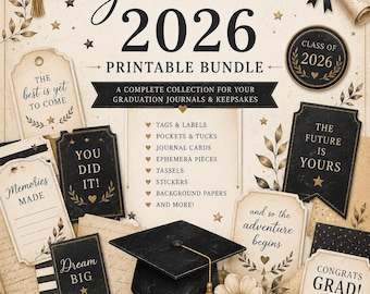 Graduation 2026 Junk Journal Collection | Printable Ephemera Bundle, Graduation Scrapbook Pages, Tags, Pockets & Stickers