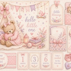 May include: A collection of digital illustrations featuring a teddy bear in a teepee, hot air balloon, gift tags, and milestone cards in soft pink and lavender tones. Text includes hello little one, little blessings, our sweet girl, and 1, 3, 6 month.