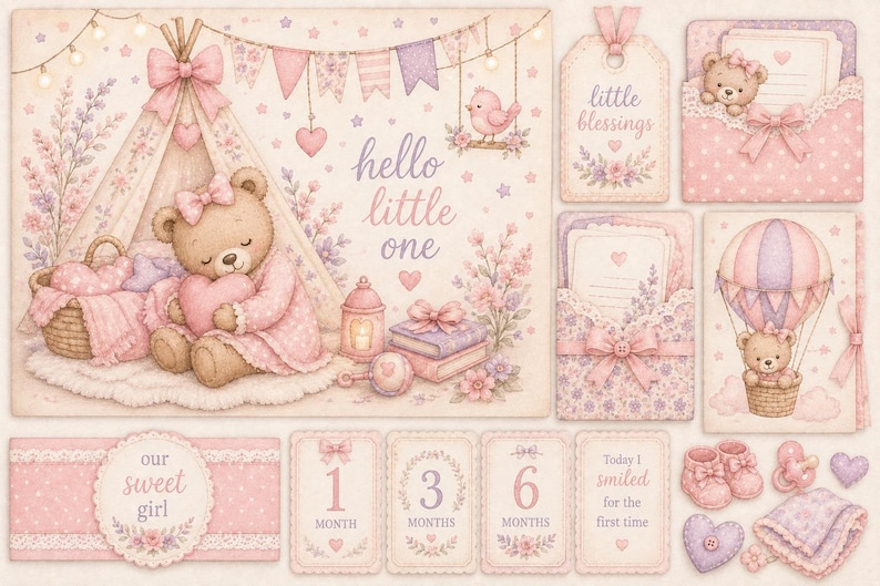 May include: A collection of digital illustrations featuring a teddy bear in a teepee, hot air balloon, gift tags, and milestone cards in soft pink and lavender tones. Text includes hello little one, little blessings, our sweet girl, and 1, 3, 6 month.