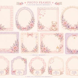 May include: A collection of decorative photo frames in soft pastel pink and purple hues, featuring floral accents, bows, a teddy bear, and baby-themed motifs. Text includes "PHOTO FRAMES", "SPECIAL MOMENTS", "my little angel", "my first SMILE", "first TOOTH", "first BATH", "first CUDDLE", and "so very LOVED".