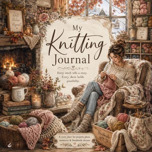 May include: A My Knitting Journal book cover featuring a person knitting in a chair surrounded by yarn skeins, baskets, a fireplace, and floral decor. The text reads My Knitting Journal, Every stitch tells a story. Every skein holds possibility.