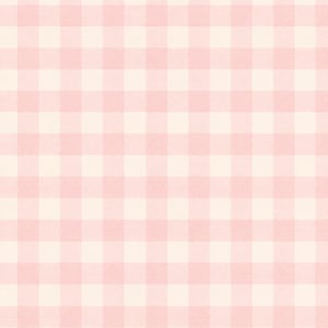 May include: A textile fabric featuring a repeating gingham pattern composed of soft pastel pink and off-white squares. The design consists of a balanced grid of intersecting horizontal and vertical lines, creating a classic checkered appearance.