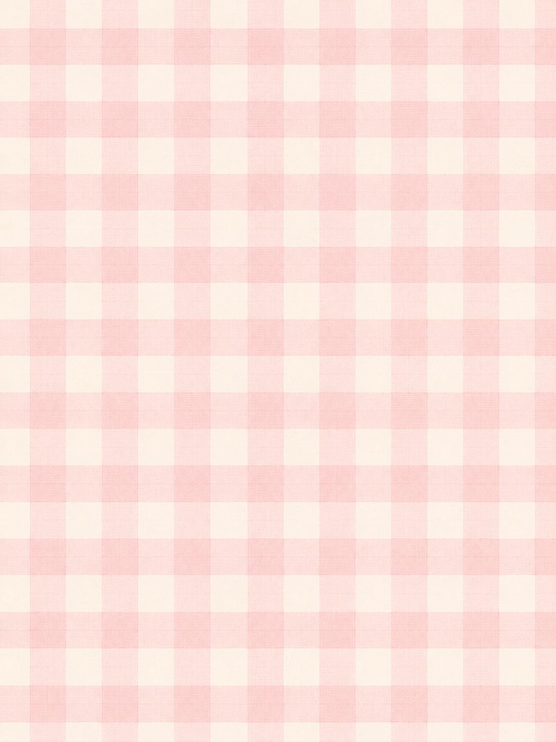 May include: A textile fabric featuring a repeating gingham pattern composed of soft pastel pink and off-white squares. The design consists of a balanced grid of intersecting horizontal and vertical lines, creating a classic checkered appearance.