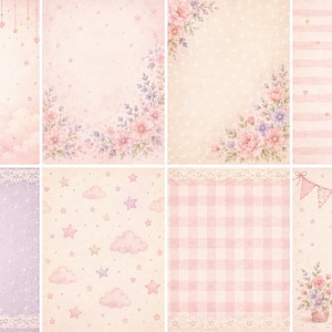 May include: A collection of eight digital paper sheets featuring soft pastel pink and lavender themes. Designs include watercolor illustrations of crescent moons, stars, clouds, floral bouquets, lace borders, gingham patterns, and a teddy bear.
