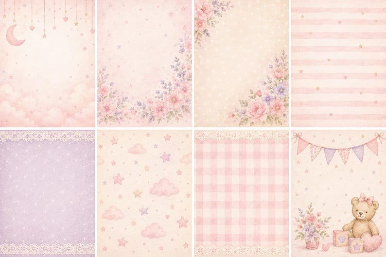 May include: A collection of eight digital paper sheets featuring soft pastel pink and lavender themes. Designs include watercolor illustrations of crescent moons, stars, clouds, floral bouquets, lace borders, gingham patterns, and a teddy bear.
