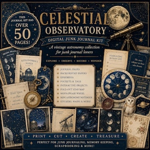 以下が含まれることがあります： Celestial Observatoryと題されたデジタルジャンクジャーナルキット。月相トラッカー、星図、望遠鏡、コンパス、その他ネイビーとゴールドのヴィンテージ風ペーパーアイテムなど、天文学をテーマにした50ページ以上のエフェメラが含まれています。