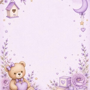 May include: A light purple background featuring a brown teddy bear holding a purple heart, surrounded by lavender flowers, a birdhouse, a crescent moon, stars, and wooden blocks with heart and star shapes, creating a soft, illustrated border.