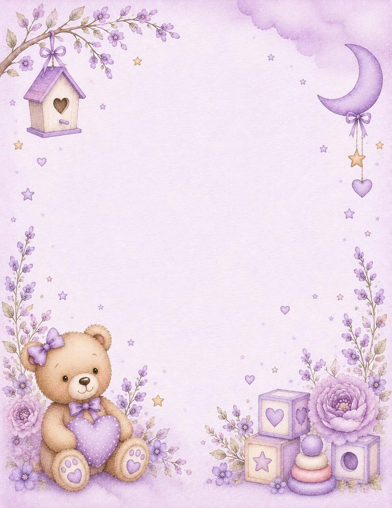 May include: A light purple background featuring a brown teddy bear holding a purple heart, surrounded by lavender flowers, a birdhouse, a crescent moon, stars, and wooden blocks with heart and star shapes, creating a soft, illustrated border.