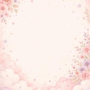 May include: A digital background featuring a soft peach-colored center framed by watercolor illustrations of pink and purple flowers, leafy branches, fluffy clouds, and small scattered stars and hearts in pastel shades of pink, purple, and yellow.