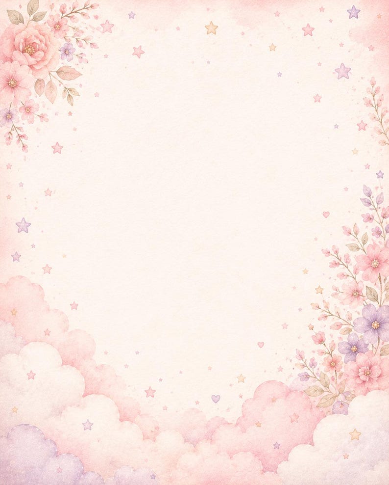 May include: A digital background featuring a soft peach-colored center framed by watercolor illustrations of pink and purple flowers, leafy branches, fluffy clouds, and small scattered stars and hearts in pastel shades of pink, purple, and yellow.