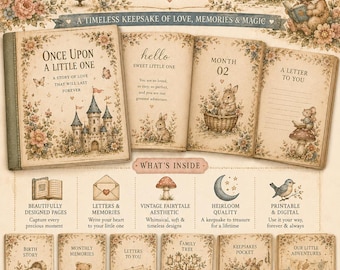 Peut inclure: Un journal de souvenirs pour bébé intitulé Once Upon A Little One comprenant plus de 70 pages illustrées avec un château, un lapin et des motifs floraux. Le produit numérique inclut des sections pour les naissances, souvenirs et lettres.