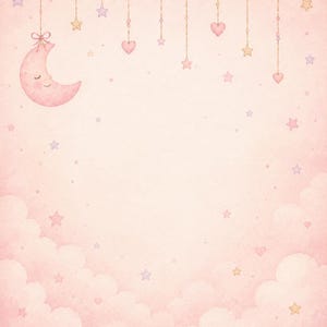 May include: A soft pink background featuring a sleeping crescent moon with a bow, hanging stars, and hearts suspended from strings. The bottom portion displays fluffy clouds, while small scattered stars and hearts fill the space.