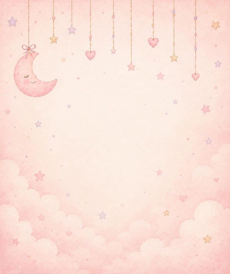 May include: A soft pink background featuring a sleeping crescent moon with a bow, hanging stars, and hearts suspended from strings. The bottom portion displays fluffy clouds, while small scattered stars and hearts fill the space.
