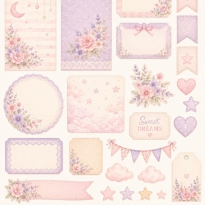 May include: A collection of die-cut paper ephemera featuring pastel pink and purple floral arrangements, clouds, stars, hearts, and bunting. The set includes various tags, labels, and banners, with one rectangular label displaying the text Sweet Dreams.